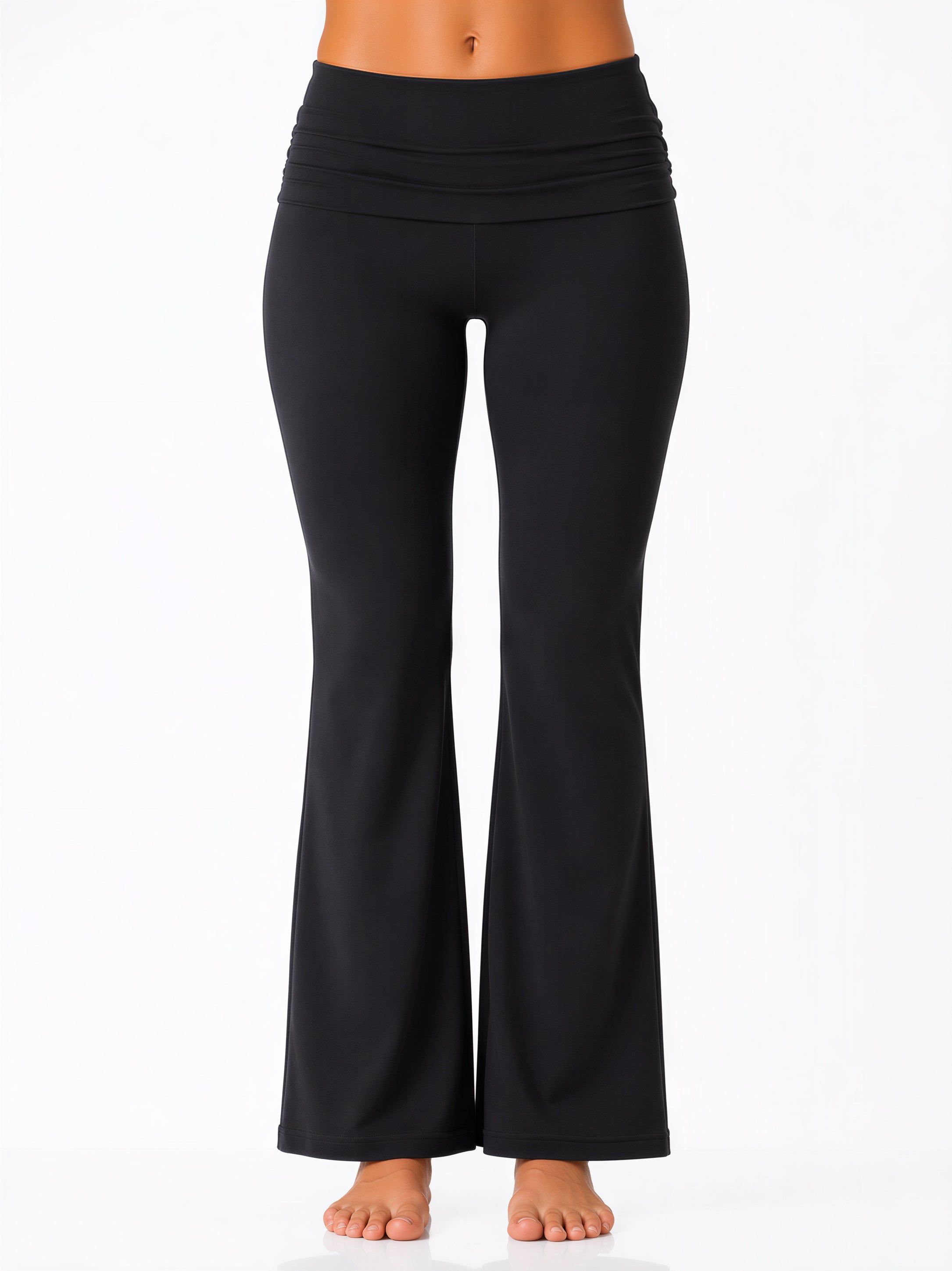 Black wide-leg pants worn by a person on a white background