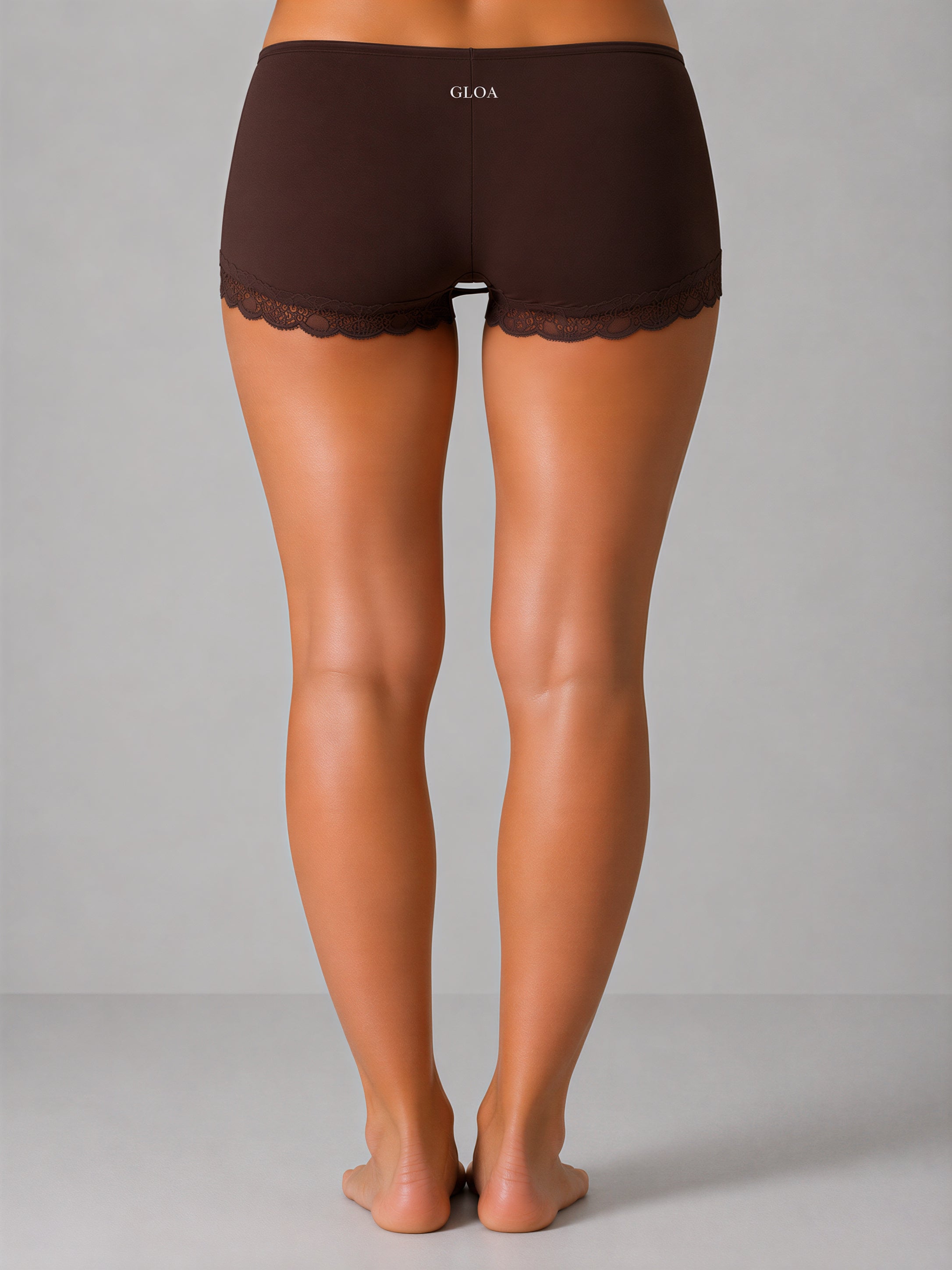 Brown lace-trimmed shorts with 'GLOA' branding on a gray background